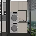 Modern Home Balcony Interior With Washing Machine Dryer Sink Cabinets And Large Window View