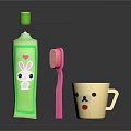 Cute Daily Necessities Set With Green Rabbit Toothpaste Pink Toothbrush And Yellow Smiley Mug