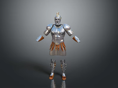 Silver Medieval Fantasy Warrior Armor With Golden Helmet And Brown Skirt 3d model