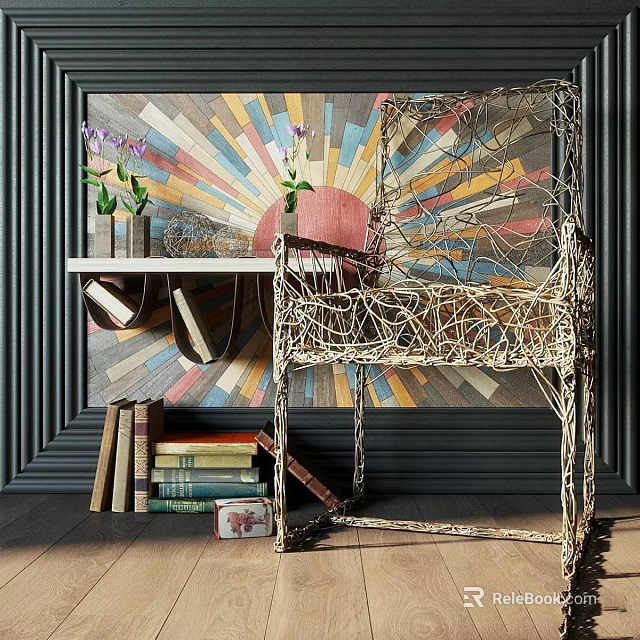 Elegant Ornamental Decor Set With Woven Chair Books And Colorful Wall Art 3d model 