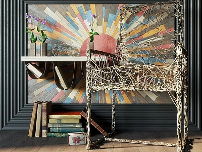 Elegant Ornamental Decor Set With Woven Chair Books And Colorful Wall Art 3d model