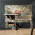 Elegant Ornamental Decor Set With Woven Chair Books And Colorful Wall Art