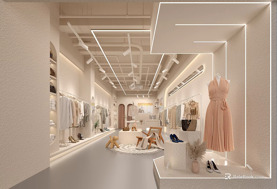 Modern Clothing Store Interior With Displayed Clothes Dresses Shoes And Decorative Lighting 3d model 