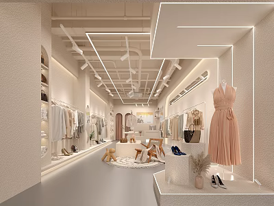Modern Clothing Store Interior With Displayed Clothes Dresses Shoes And Decorative Lighting 3d model