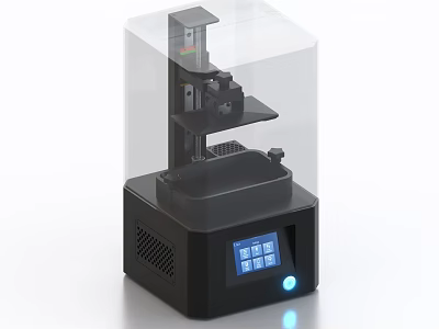 Industrial 3D Printer with Transparent Enclosure Black Base Control Panel Screen and Blue Indicator Light 3d model
