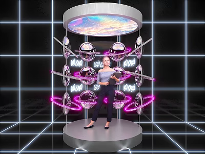 Interactive Zone With Circular Platform Colorful Ceiling Lights Silver Spheres And Pink Ring Lights 3d model
