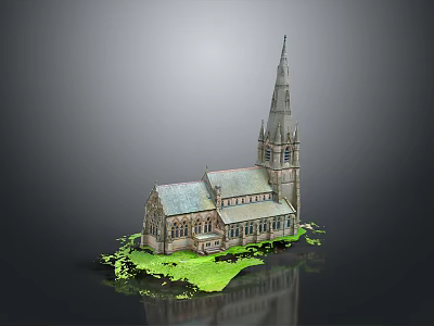 European Style Church Architecture With Tall Spire Green Roof Stone Exterior And Green Grass 3d model