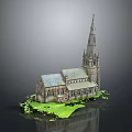European Style Church Architecture With Tall Spire Green Roof Stone Exterior And Green Grass