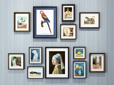 Framed Portrait Art Collection on Blue White Striped Wall Featuring Girl and Parrot Subjects 3d model
