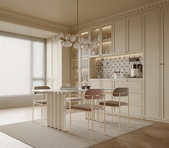 French Cream Style Restaurant Dining Table and Chair Chandelier Wine Cabinet Venetian Blinds 3d model