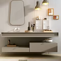 Contemporary Bathroom Vanity With Wall Mirror Hanging Lights Drawers And Open Storage