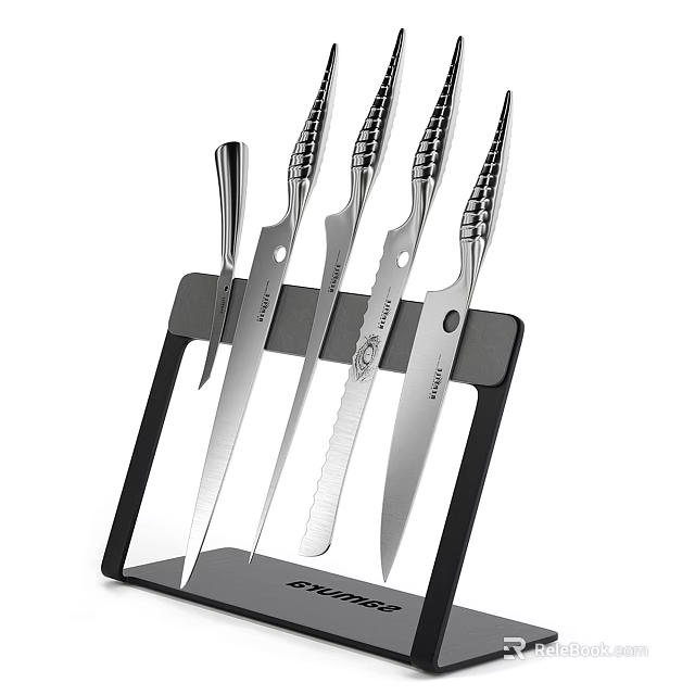 Stainless Steel Kitchen Knife Set with Black Block Stand and Sharp Blades 3d model 