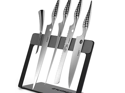 Stainless Steel Kitchen Knife Set with Black Block Stand and Sharp Blades 3d model