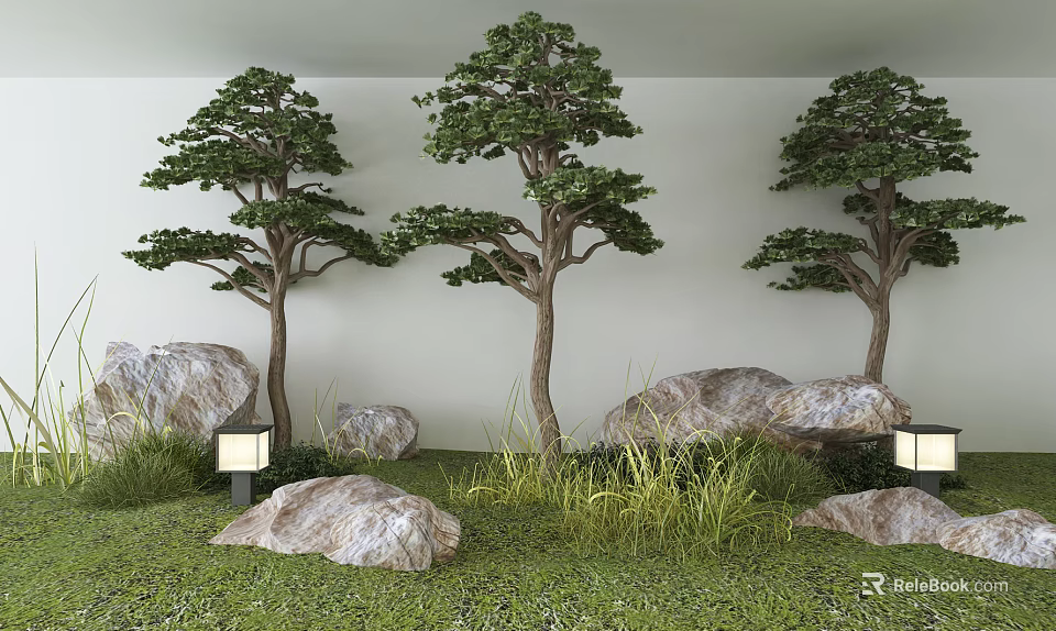 Three Tall Trees in Outdoor Landscape with Rocks Grass and Small Lamps 3d model 