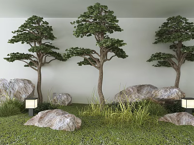 Three Tall Trees in Outdoor Landscape with Rocks Grass and Small Lamps 3d model