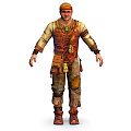 Rugged Explorer Character in Patched Clothing with Decorative Pouches and Creature Interaction