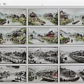 Chinese Landscape Paintings Featuring Ancient Architecture Rivers Bridges And Mountains