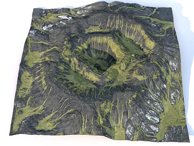 3D Rendered Volcanic Crater Terrain With Central Deep Pit And Green Black Landscape 3d model