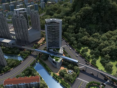 Aerial Planning of Modern City with High Rise Buildings Roads River Bridge and Greenery 3d model