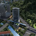Aerial Planning of Modern City with High Rise Buildings Roads River Bridge and Greenery