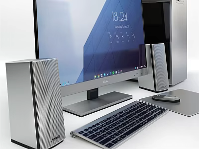 Modern Desktop Computer Setup With Monitor Tower Speakers Keyboard And Mouse 3d model