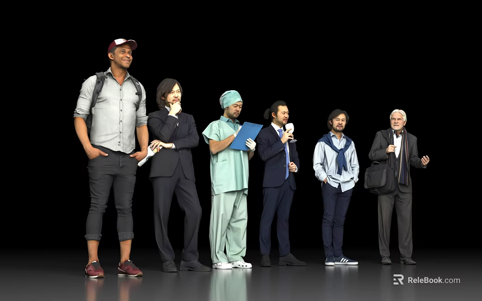 Group of People in Various Attires Standing Together With Different Items 3d model 