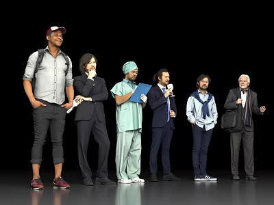 Group of People in Various Attires Standing Together With Different Items 3d model