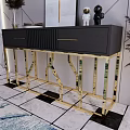 Modern Black Console Table with Gold Frame and Marble Top Design
