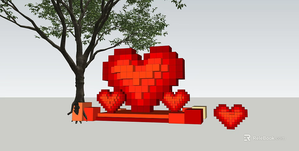 Garden Decorative Pixel Art Red Heart Installation With Tree And Small Hearts 3d model 
