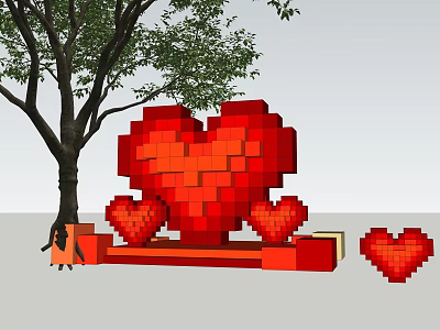Garden Decorative Pixel Art Red Heart Installation With Tree And Small Hearts 3d model