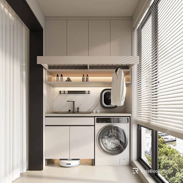 Functional Modern Home Balcony With Washing Machine Sink And Cabinets By Blinds 3d model 