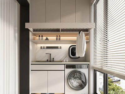 Functional Modern Home Balcony With Washing Machine Sink And Cabinets By Blinds 3d model