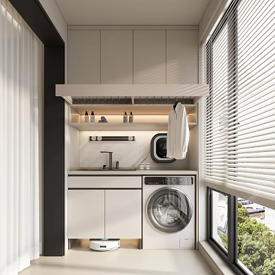 Functional Modern Home Balcony With Washing Machine Sink And Cabinets By Blinds 3d model