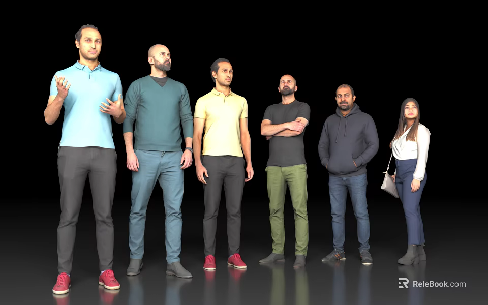 Group of diverse people standing together against black background on gray floor 3d model 