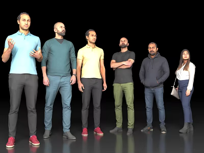 Group of diverse people standing together against black background on gray floor 3d model