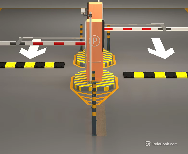 Public Parking Entrance Facility With Barrier Gates Guidance Arrows And Yellow Black Warning Strips 3d model 