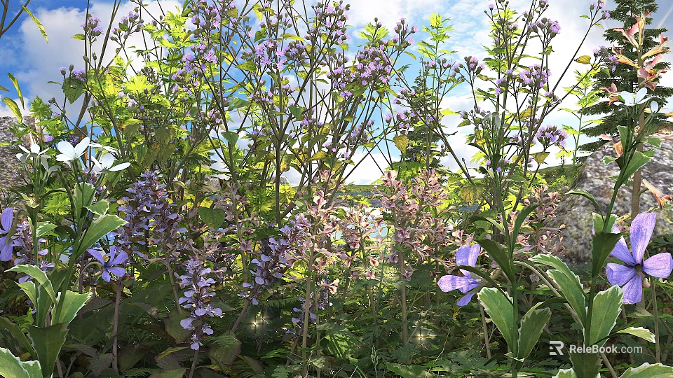 Blooming Purple Flowers And Green Leaves In Vibrant Outdoor Garden Under Sunlight 3d model 