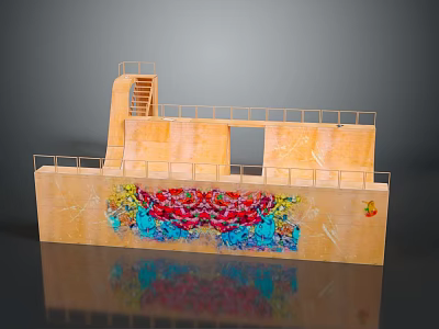 Yellow Concrete Structure With Staircase Railings And Colorful Graffiti Artwork 3d model