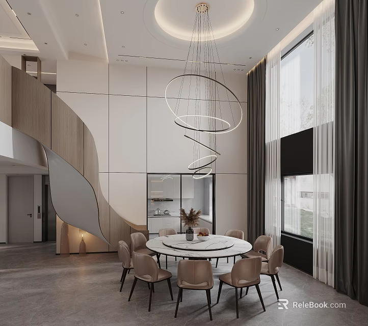 Modern Open Concept Restaurant Interior With Round Dining Table Chandelier And Large Windows 3d model