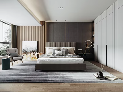 Modern Bedroom Interior With Large Bed Nightstand Table Lamp Accent Chair Rug And White Cabinets 3d model