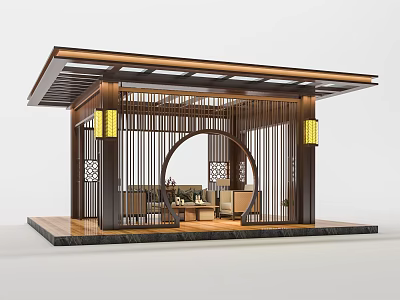 Traditional Chinese Landscape Pavilion With Wooden Structure Circular Arch And Lantern Decorations 3d model