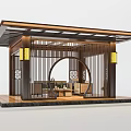 Traditional Chinese Landscape Pavilion With Wooden Structure Circular Arch And Lantern Decorations