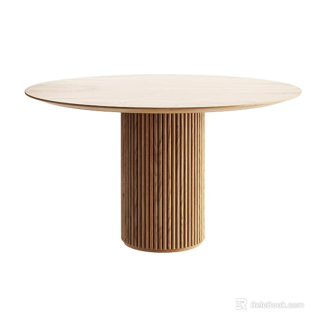 Round Light Colored Wooden Dining Table With Striped Cylindrical Base Design 3d model