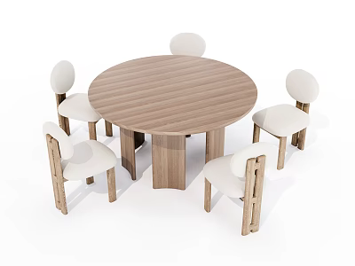 Modern Round Wooden Dining Table And Chair Set With White Cushioned Seats 3d model