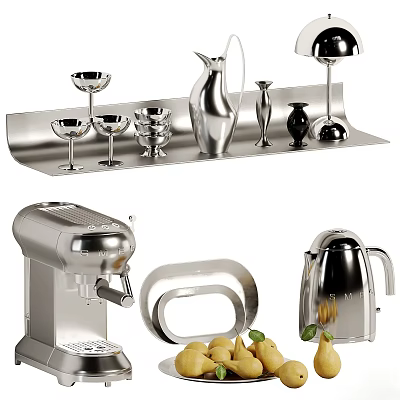 Modern Stainless Steel Tableware Set With Wine Glasses Flask Kettle and Coffee Machine 3d model