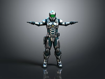 Futuristic Warrior in Silver Black Armor with Green Visor Standing Arms Outstretched 3d model
