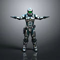 Futuristic Warrior in Silver Black Armor with Green Visor Standing Arms Outstretched