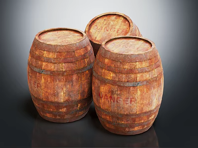 Three Old Vintage Wooden Barrels With Vanger Inscription On Rustic Design 3d model