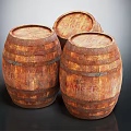 Three Old Vintage Wooden Barrels With Vanger Inscription On Rustic Design