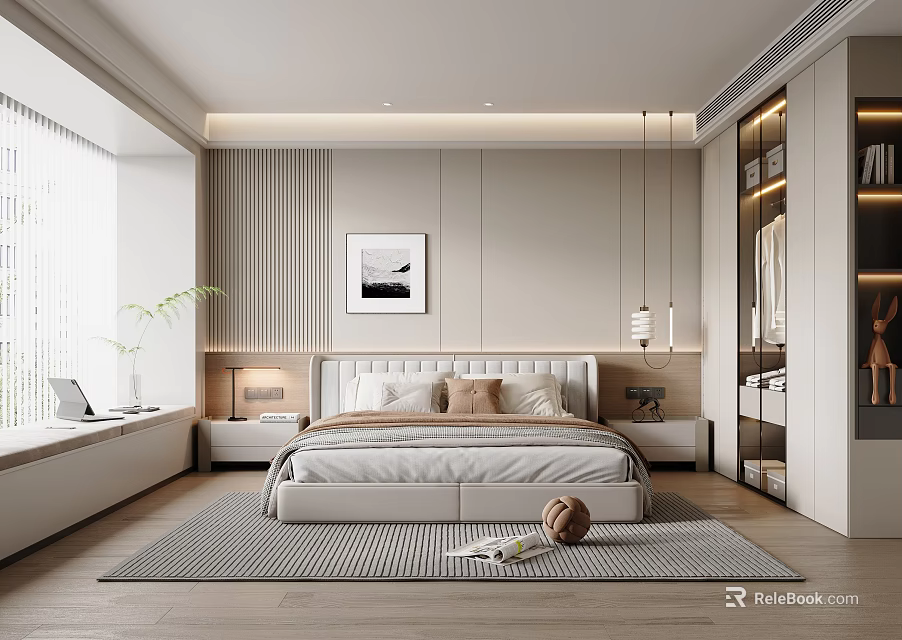 Modern Minimalist Bedroom Interior With Bed Nightstands Decorative Painting And Carpet 3d model 